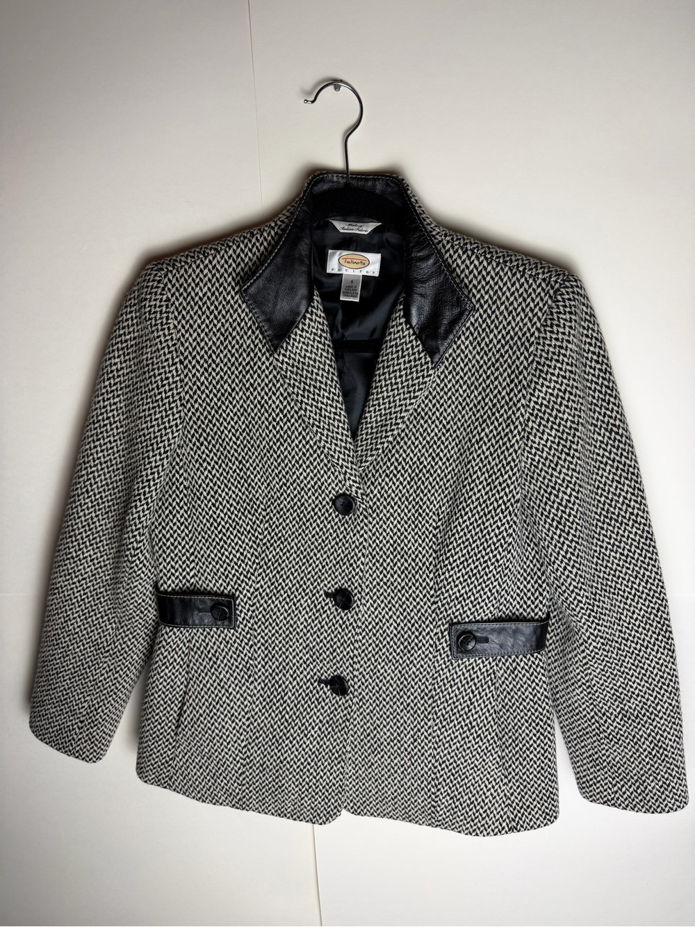 Talbots Petites Wool Houndstooth Blazer Leather Trim Size 4 Italian Fabric